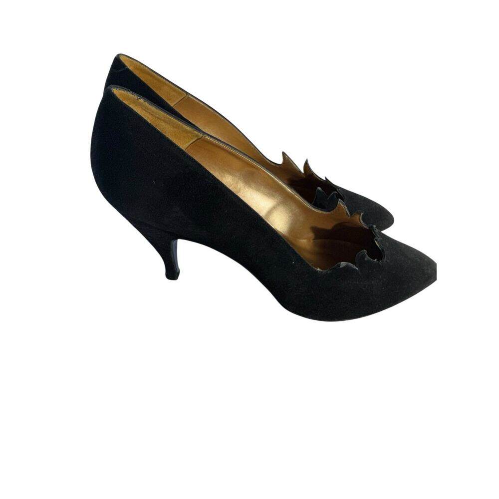 Vintage Timothy Hitsman Women Suede Leather Heels Scalloped Waves Black 6.5M - Picture 6 of 14